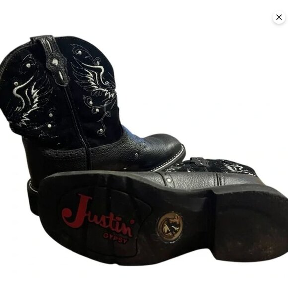 Justin Black Leather Western Boots With Embroidered Wing Design & Square Toe 8.5 - Picture 8 of 11